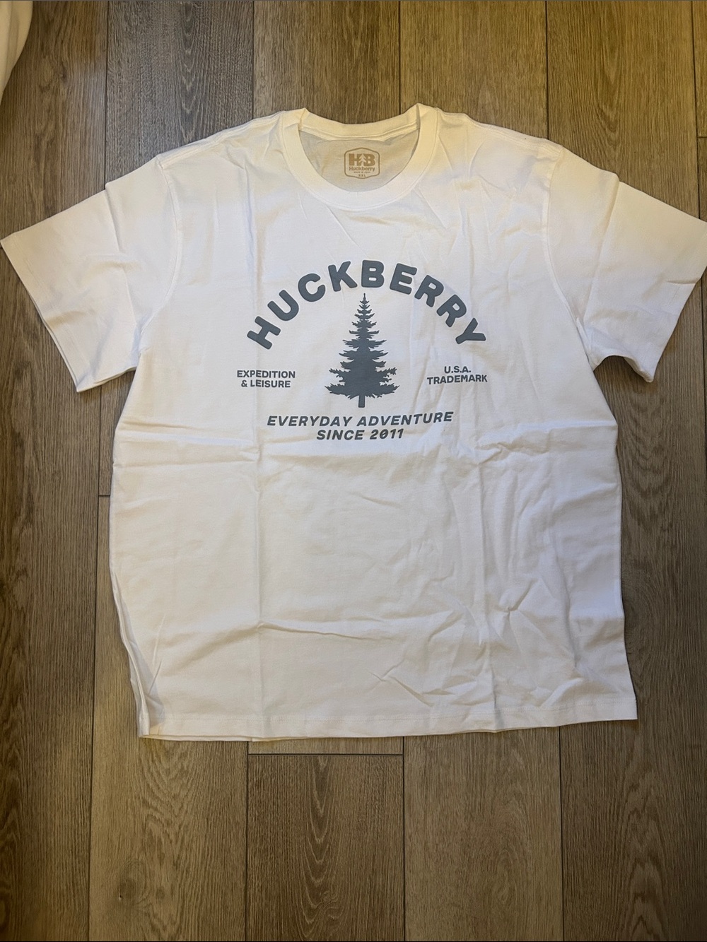 Huckberry White Tee with Blue Tree Graphic